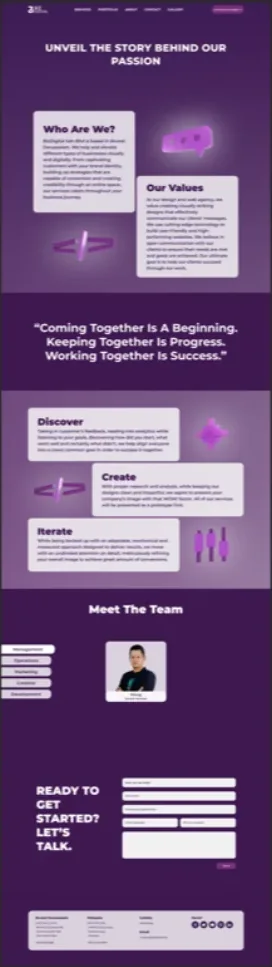 The BizDigital about page, with Who Are We, Our Values and a Discover, Create, Iterate sequence