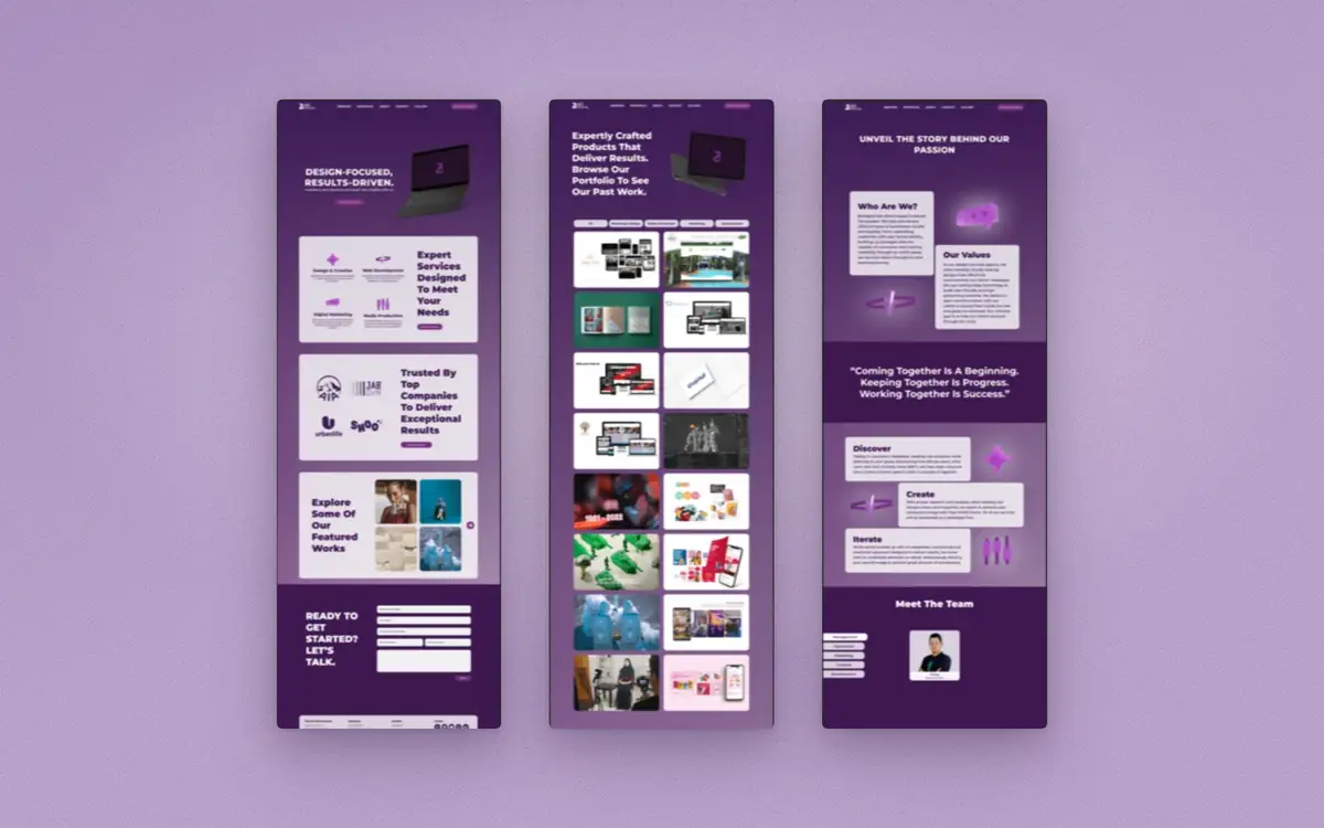 Home, portfolio and about page designs for BizDigital
