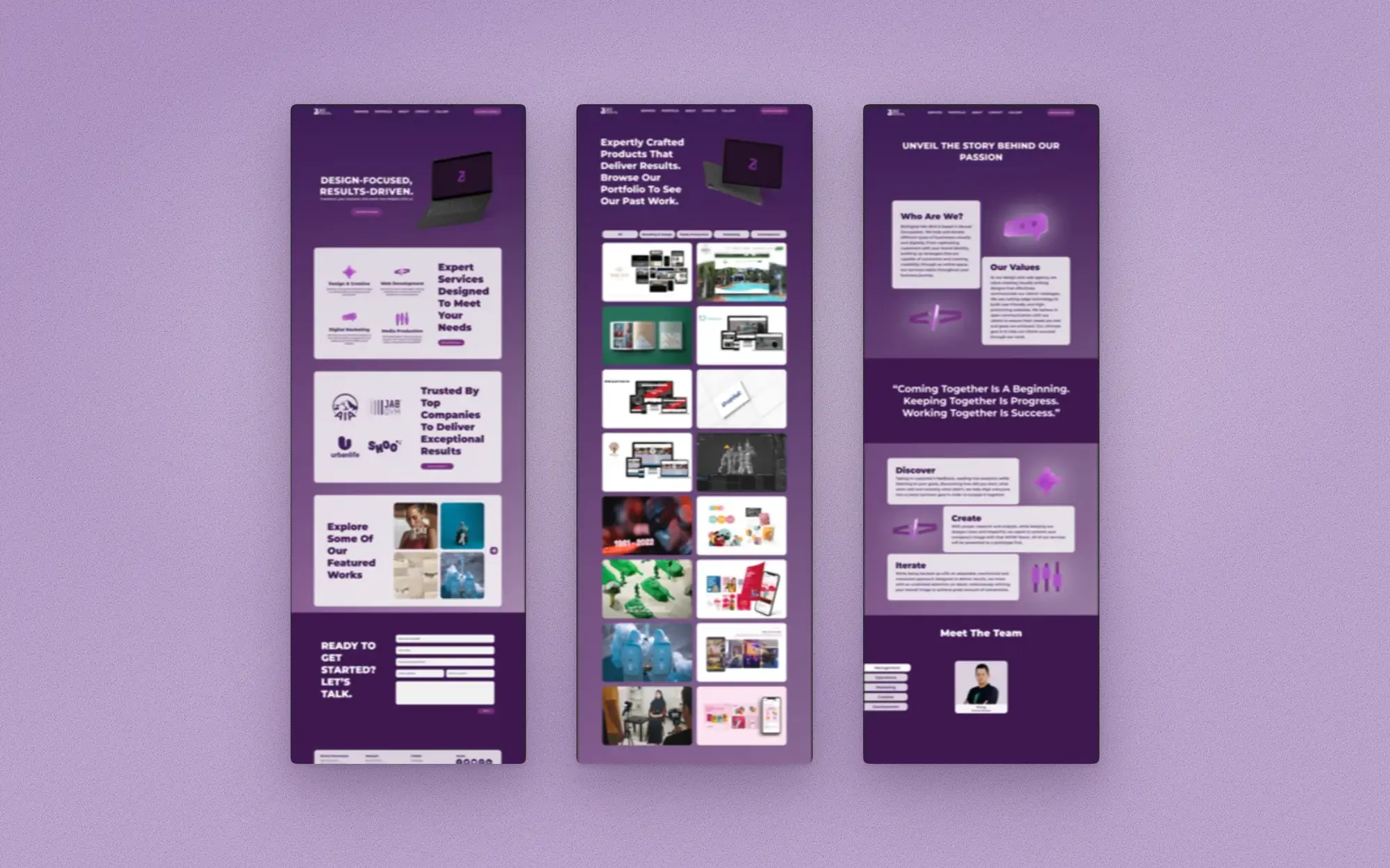 Home, portfolio and about page designs for BizDigital