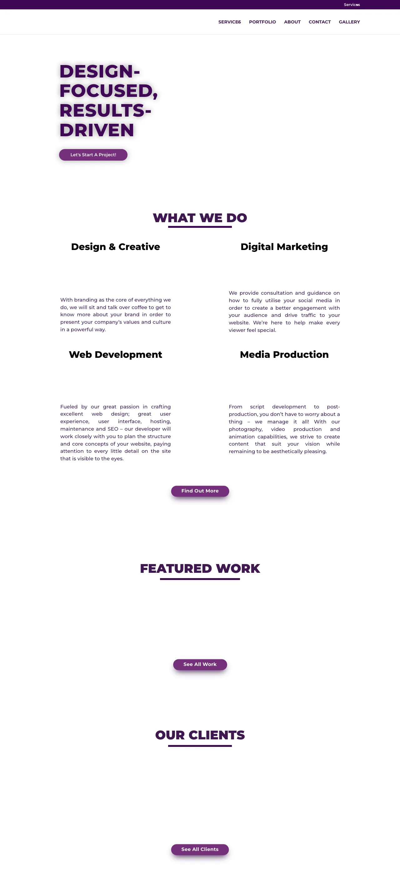The BizDigital homepage before the redesign: black text on white, with Featured Work and Our Clients as headings above empty space
