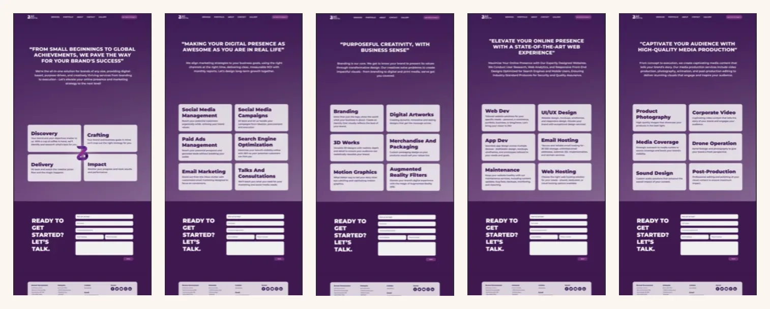 Five BizDigital service page designs side by side, each running the same quote, card grid, call to action and footer