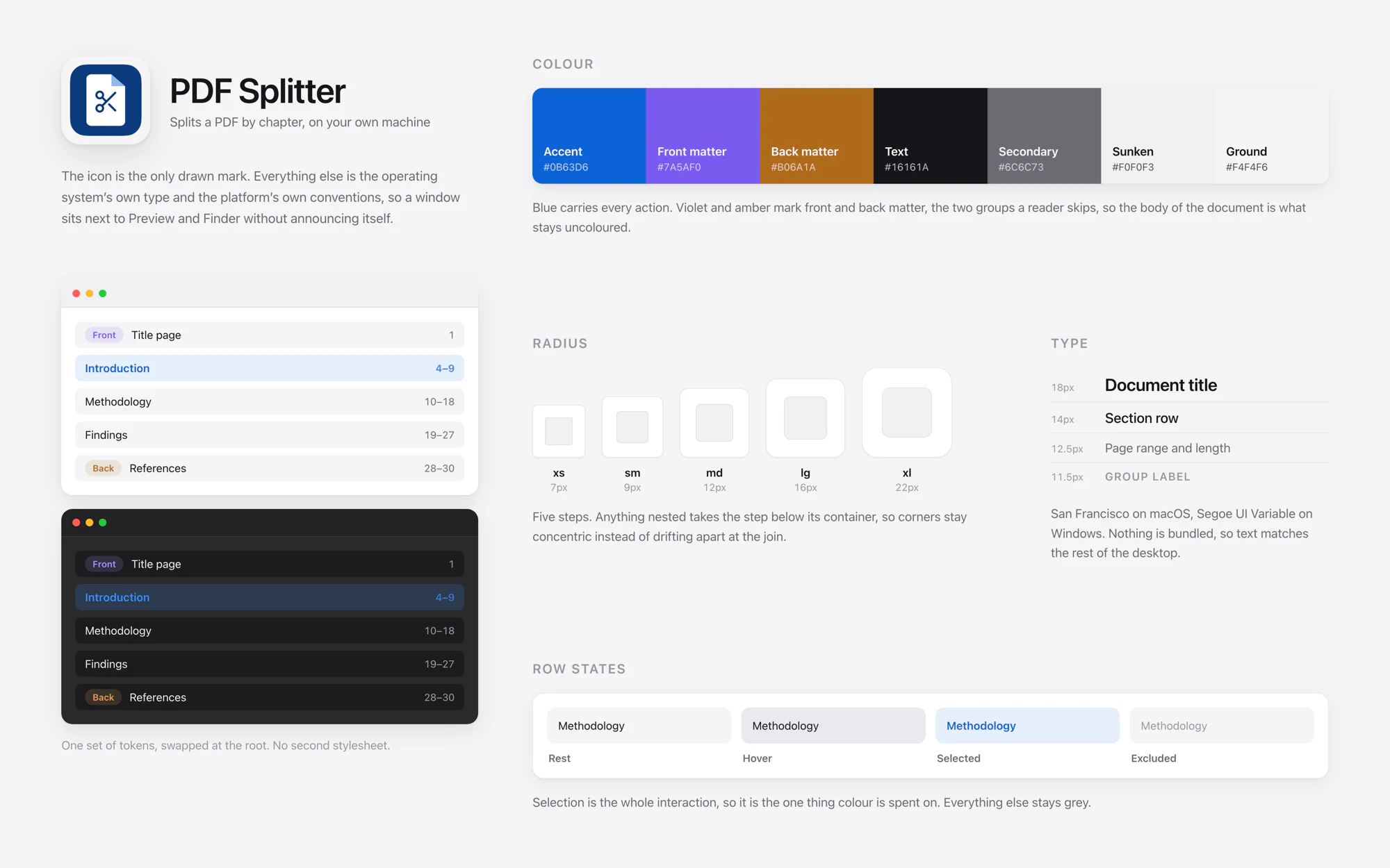 PDF Splitter design system: app icon, colour tokens, five step radius scale, type scale and the four row states