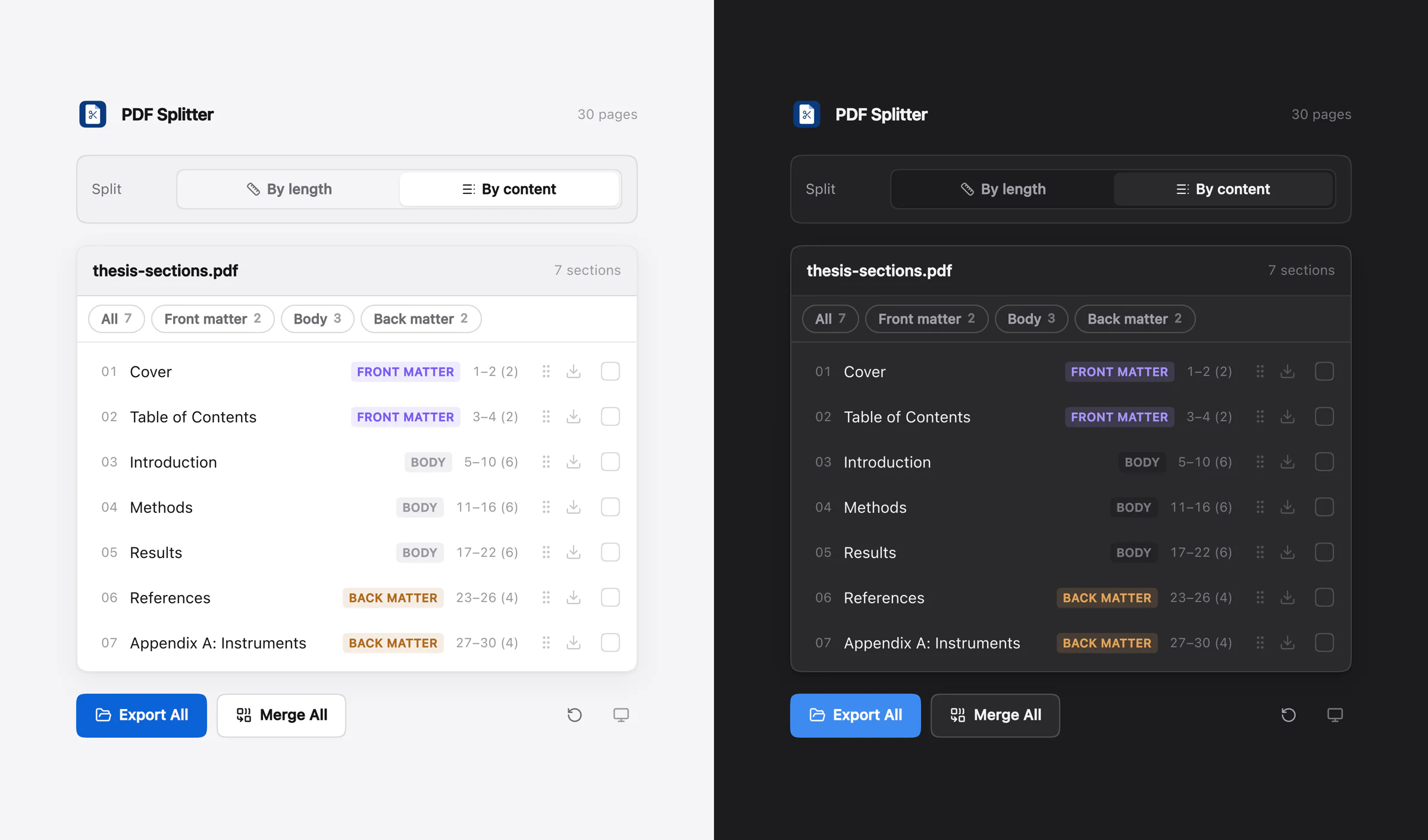 The same PDF Splitter section list shown in light and dark themes side by side