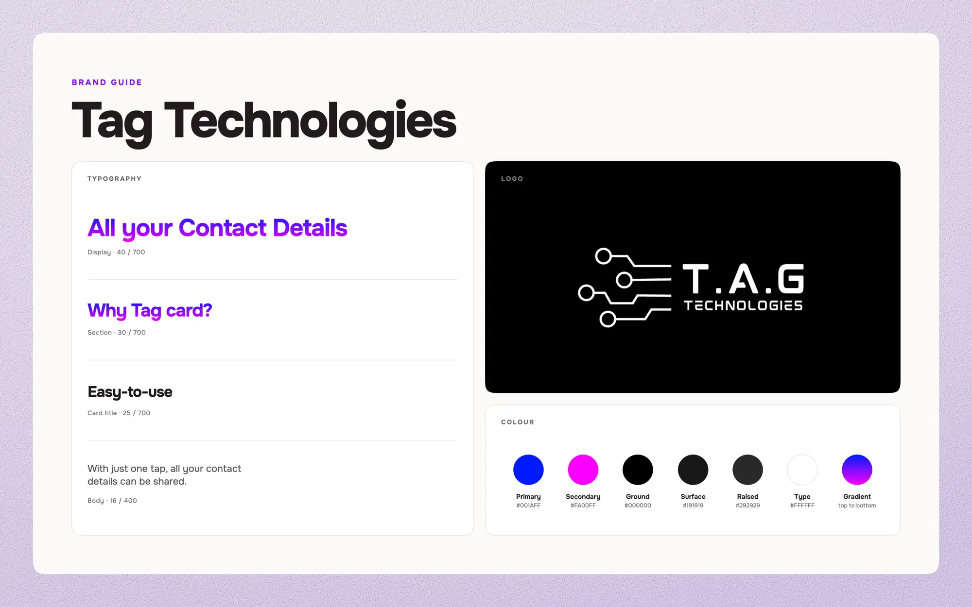 Tag Technologies brand guide: logo, colour palette, signature gradient and type scale