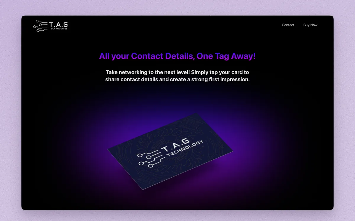 Tag Technologies marketing site, an NFC business card shown on a dark homepage