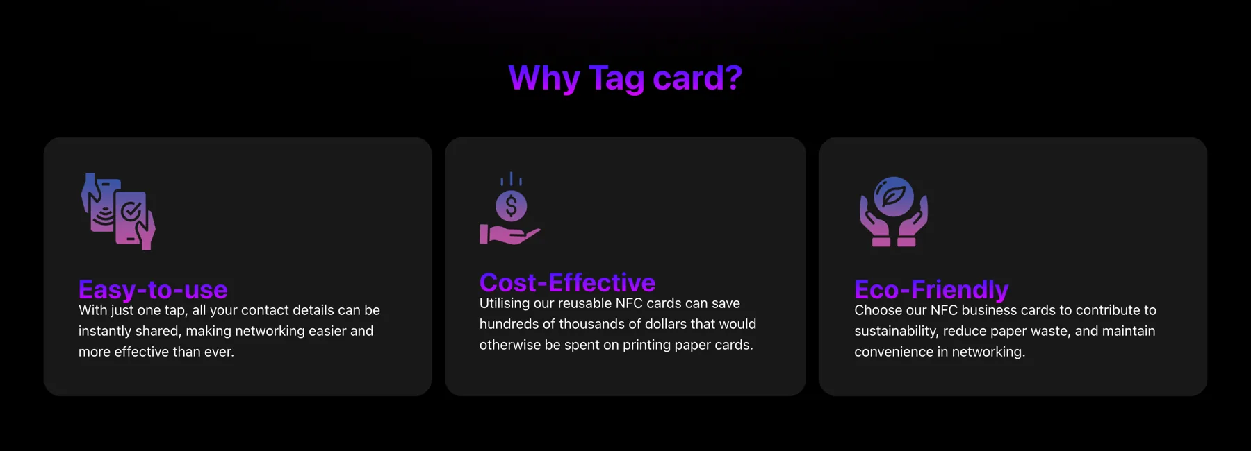 Three benefit cards on the Tag Technologies site: easy to use, cost effective, eco friendly